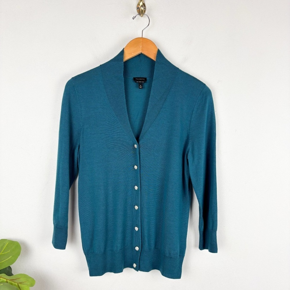 Talbots Pure Merino Wool Crystal Button Blue Cardigan Sz M